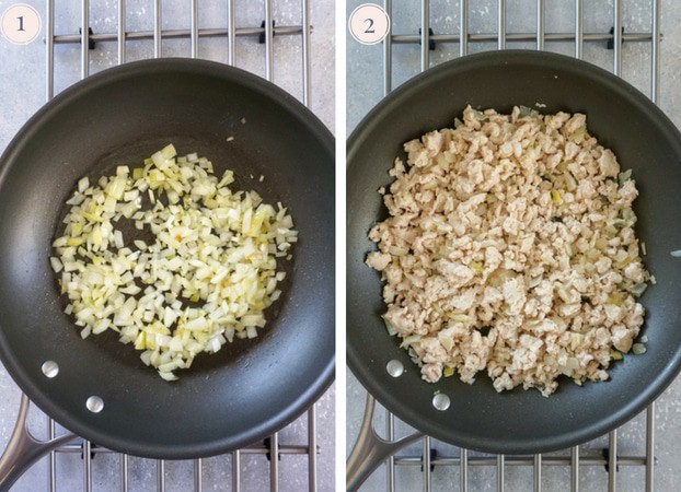 Collage for two photo, one showing soften onion in a non stick skillet and the other showing cooked ground turkey in a skillet.