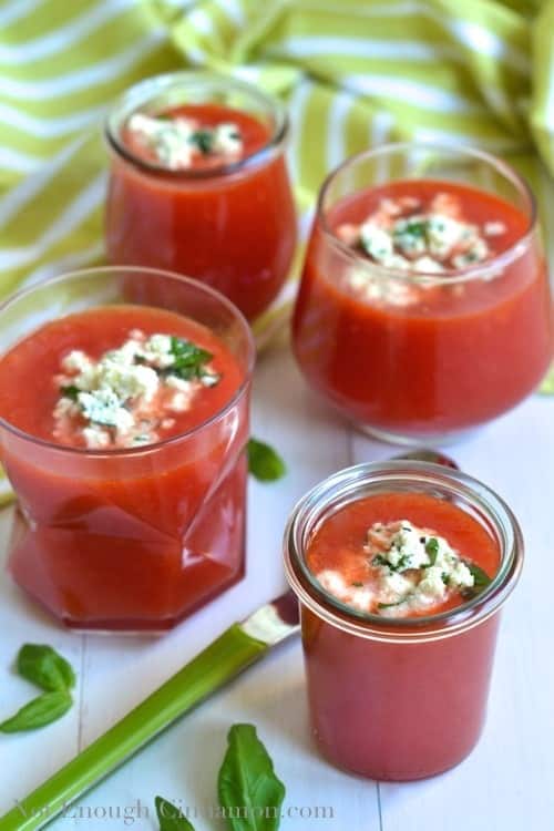 Fresh Watermelon Soup with Basil Ricotta Topping served in glasses