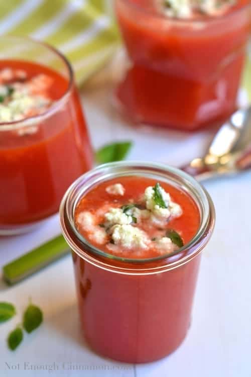 Chilled Watermelon Soup with Basil Ricotta Topping served in glasses 