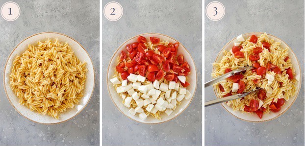 step by step pictures showing how to make a caprese pesto pasta salad with a bowl of cooked pasta, then cherry tomatoes and mozzarella.