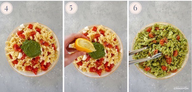 step by step pictures showing how to make a caprese pesto pasta salad with a bowl of cooked pasta then pesto and lemon juice.