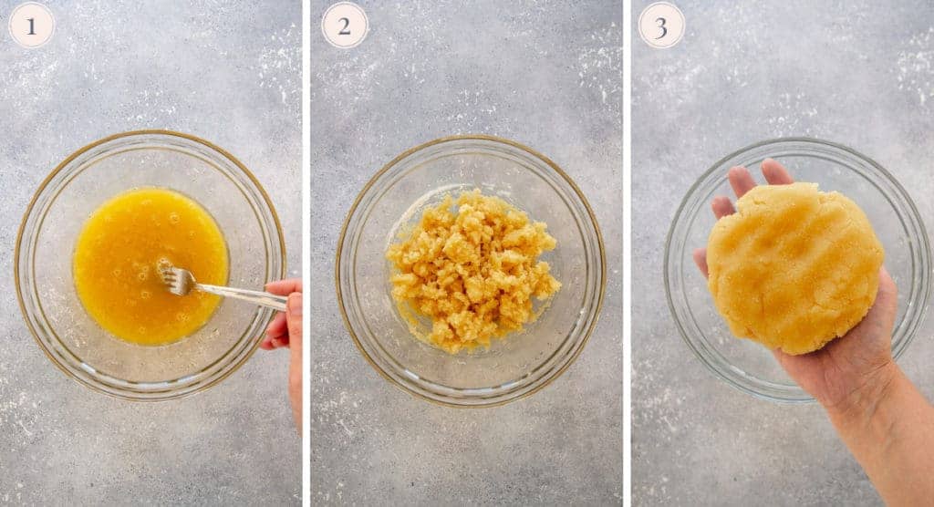 Coconut flour crust ingredients mixed in a glass bowl to form a dough