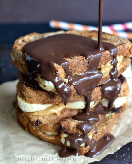 Peanut Butter and Banana Sandwich with Chocolate Peanut Butter Sauce | www.notenoughcinnamon.com @NECinnamon #recipe #dessert #peanutbutter #banana #chocolate