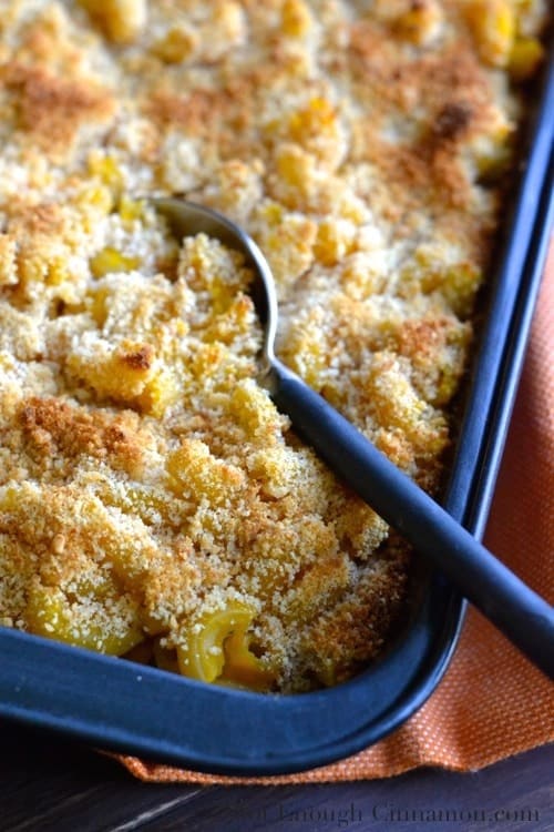 a serving spoon dug into a Pumpkin Pasta Casserole with Breadcrumb Topping