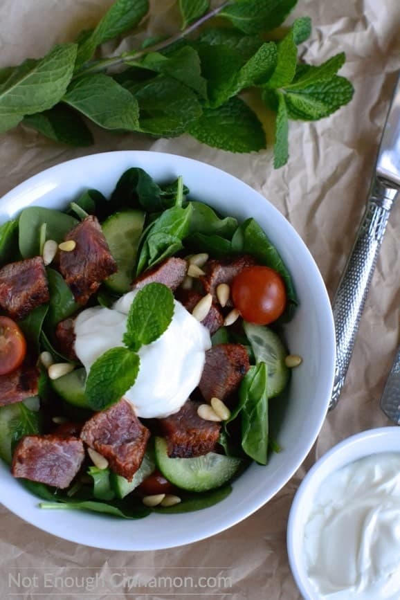 Mediterranean Lamb and Spinach Salad - recipe on NotEnoughCinnamon.com