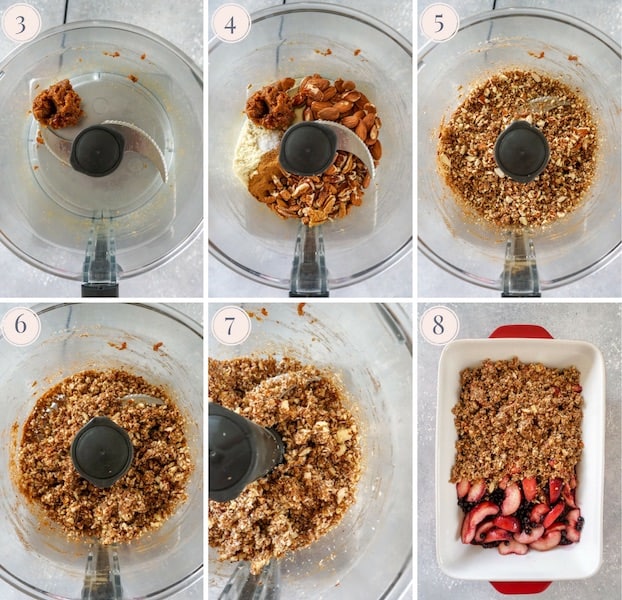 Collage of six step by step pictures showing how to make blueberry peach cobbler topping