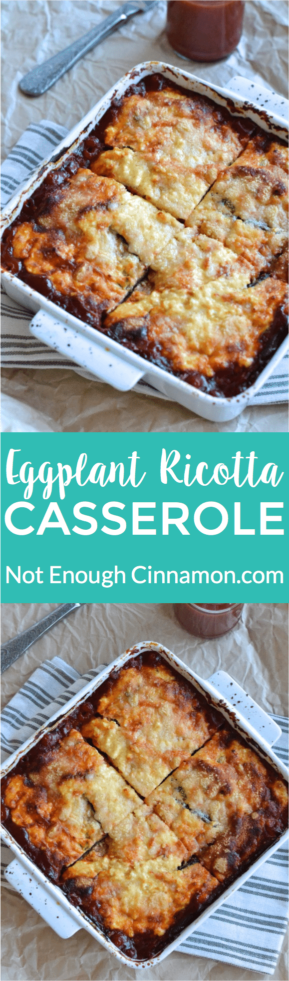 Perfect as a side dish or a meatless main dish, this Eggplant Ricotta Casserole is loaded with cheese and absolutely delicious! - Find the recipe on NotEnoughCinnamon.com