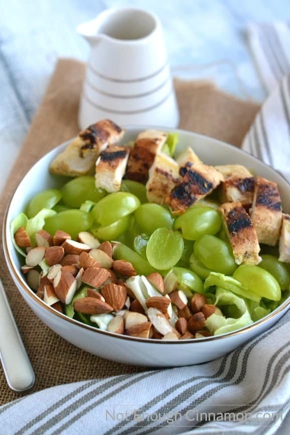 A quick and easy chicken salad with grapes and almond. Healthy and delicious! Gluten free and paleo - Find the recipe on NotEnoughCinnamon.com