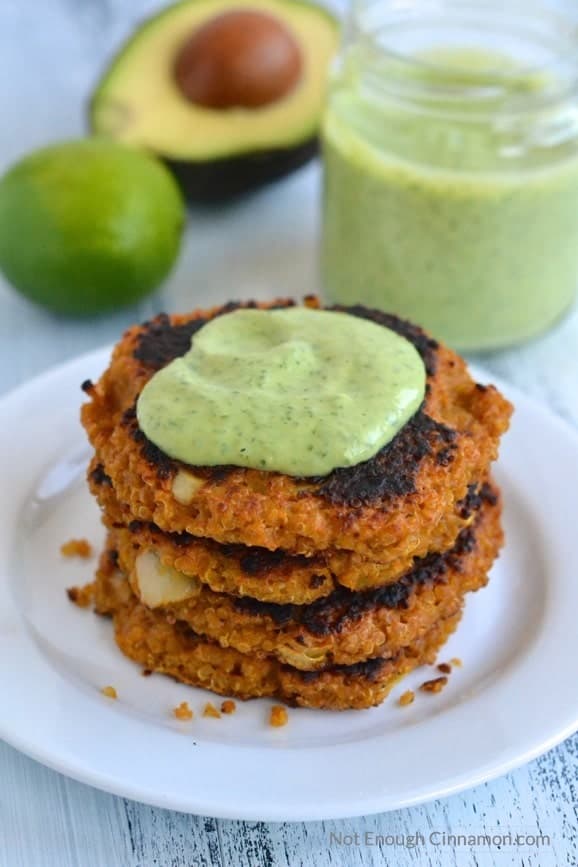 Sweet Potato Quinoa Patties with Creamy Cilantro Avocado Sauce | Find the recipe on NotEnoughCinnamon.com #vegetarian #healthy