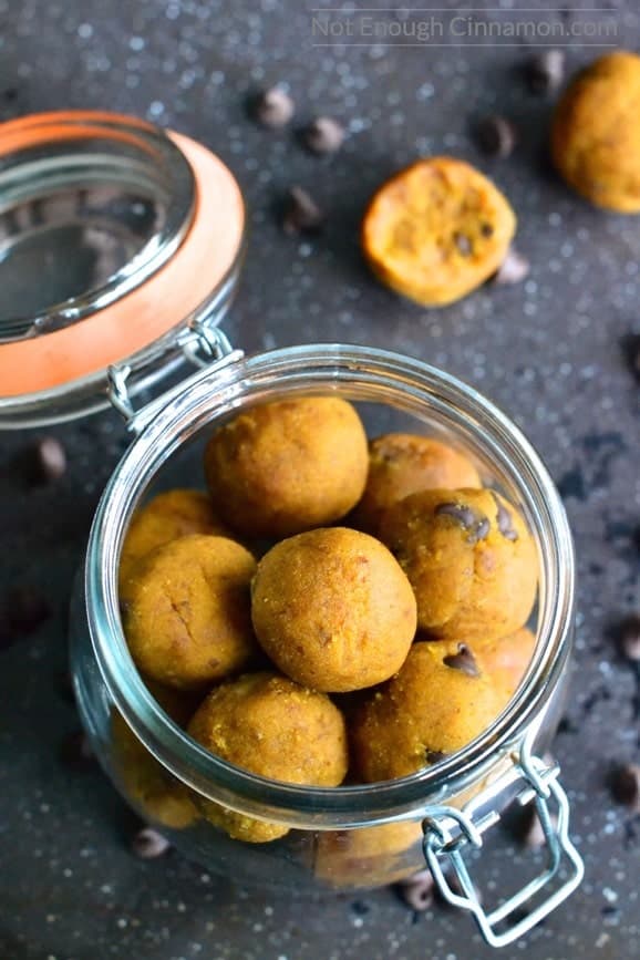 overhead shot of a mason jar filled with paleo pumpkin pie energy bites