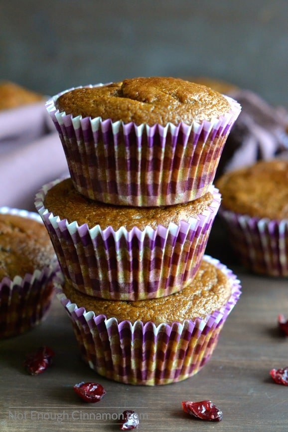 three healthy pumpkin muffins studded with cranberries stacked on top of each other with some dried cranberries on the side