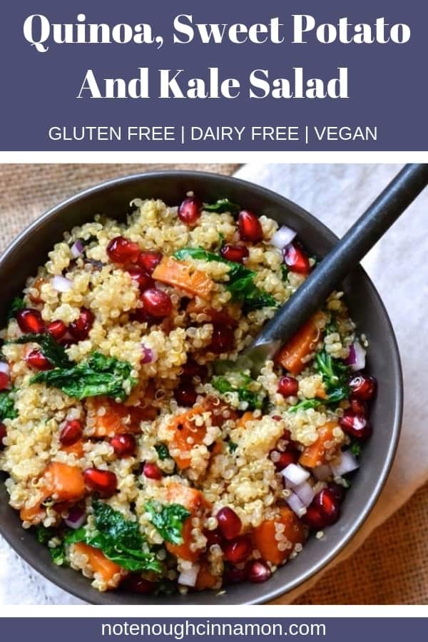 A healthy, delicious and comforting quinoa salad with sweet potato, kale, and pomegranate. A winter favorite! Vegan and naturally gluten-free. #glutenfree #dairyfree #vegan #quinoa #saladrecipes