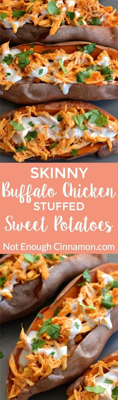 Baked sweet potatoes loaded with buffalo sauce shredded chicken + skinny blue cheese sauce! So delicious and comforting! Find the recipe on NotEnoughCinnamon.com #glutenfree #healthy #dinner