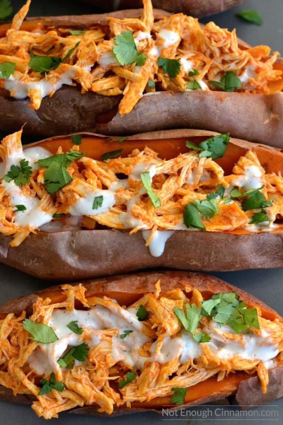 three baked sweet potatoes loaded with shredded buffalo chicken and skinny blue cheese sauce