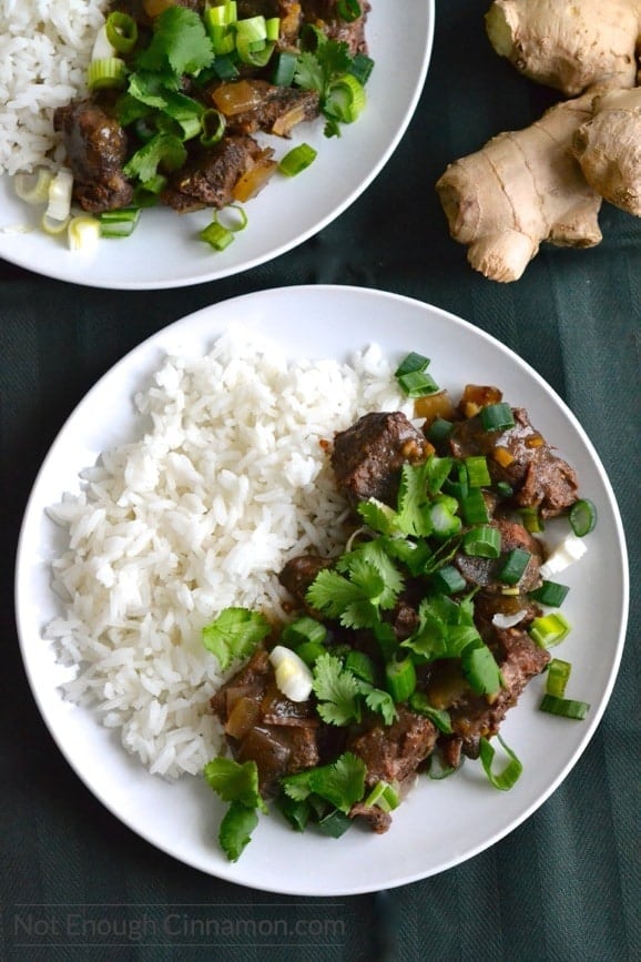 overhead shot of two plates of slow cooker orange ginger beef stew served with a side of rice and chopped cilantro on top