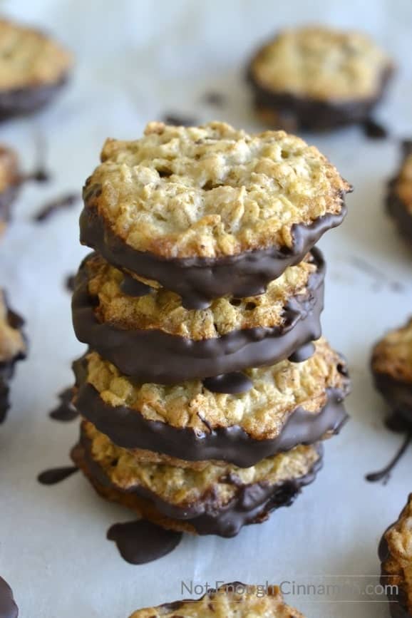 side view of a stack of Crispy Oatmeal Chocolate Sandwich Cookies aka Ikea Cookies