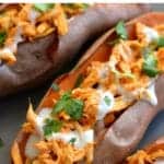 Pinterest graphic of Buffalo Chicken Stuffed Sweet Potato