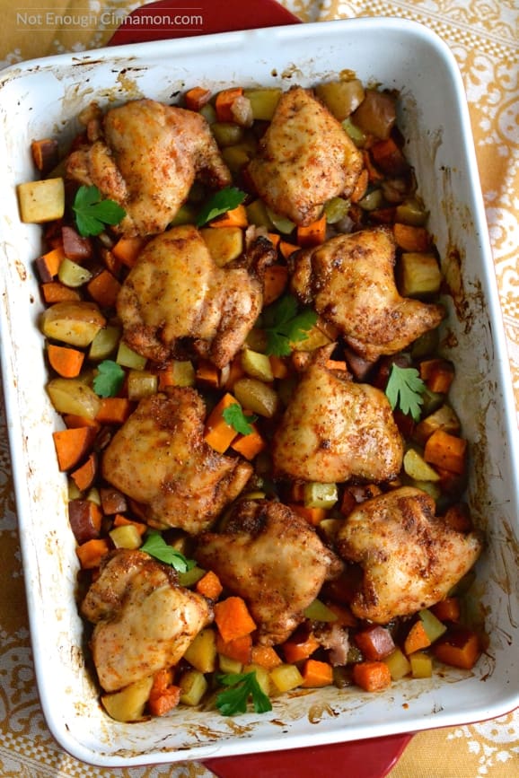One Pan BBQ Spice Chicken Dinner, perfect for a weeknight meal! Find the recipe on NotEnoughCinnamon.com