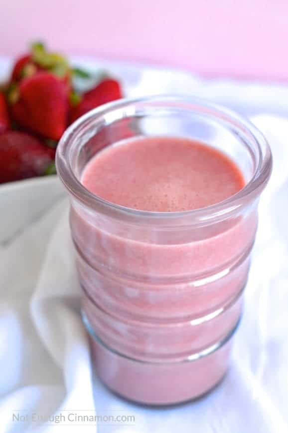 Make your own strawberry milk with real fruits and no refined sugar. Only 4 ingredients! Click to see the recipe on NotEnoughCinnamon.com