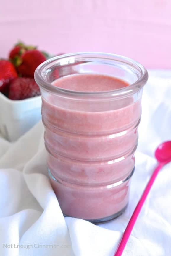 Make your own strawberry milk with real fruits and no refined sugar. Only 4 ingredients! Click to see the recipe on NotEnoughCinnamon.com