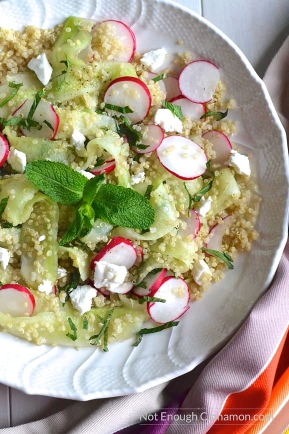 close-up of healthy Quinoa Salad with Goats Cheese, Cucumber and Radish slices on a white plate