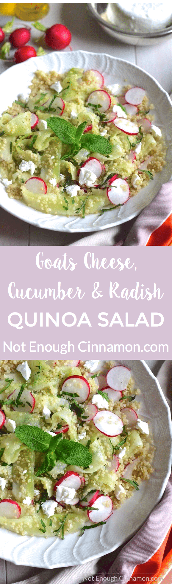 Quinoa Salad with Goats Cheese, Cucumber and Radish. A light but filling healthy salad, naturally gluten free. Click to see the recipe #cleaneating | NotEnoughCinnamon.com