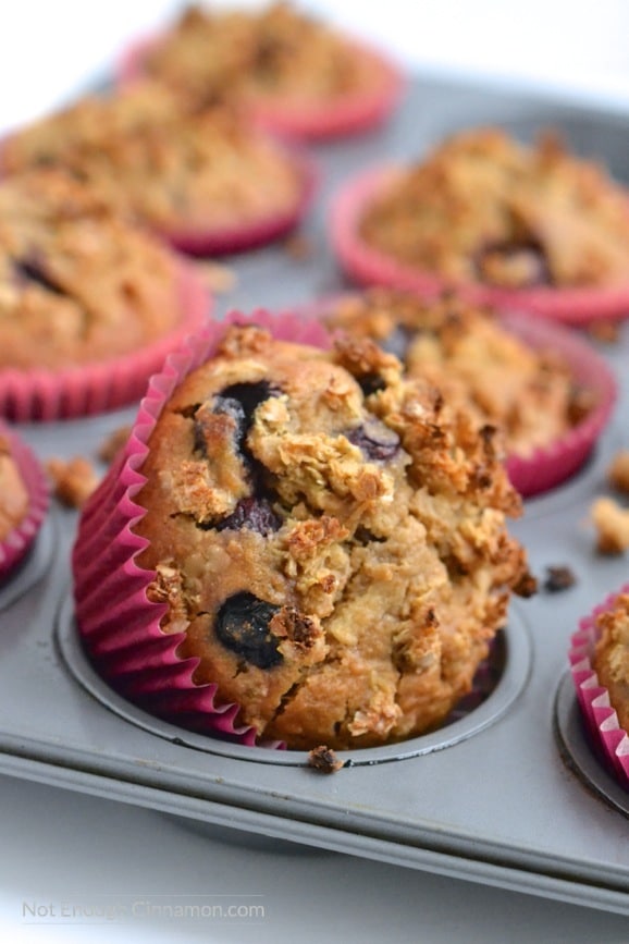 Clean Eating Breakfast Muffins, made with blueberries, apple and quinoa! Perfect for a healthy breakfast on the go. Naturally sweetened. Click to see the recipe on NotEnoughCinnamon.com