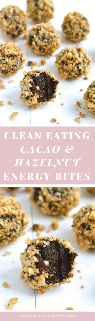 Clean Eating Cacao & Hazelnut Energy Bites - Only 4 ingredients and they taste like a healthy ferrero rocher! #glutenfree #vegan #paleo - Click to see the recipe on NotEnoughCinnamon.com