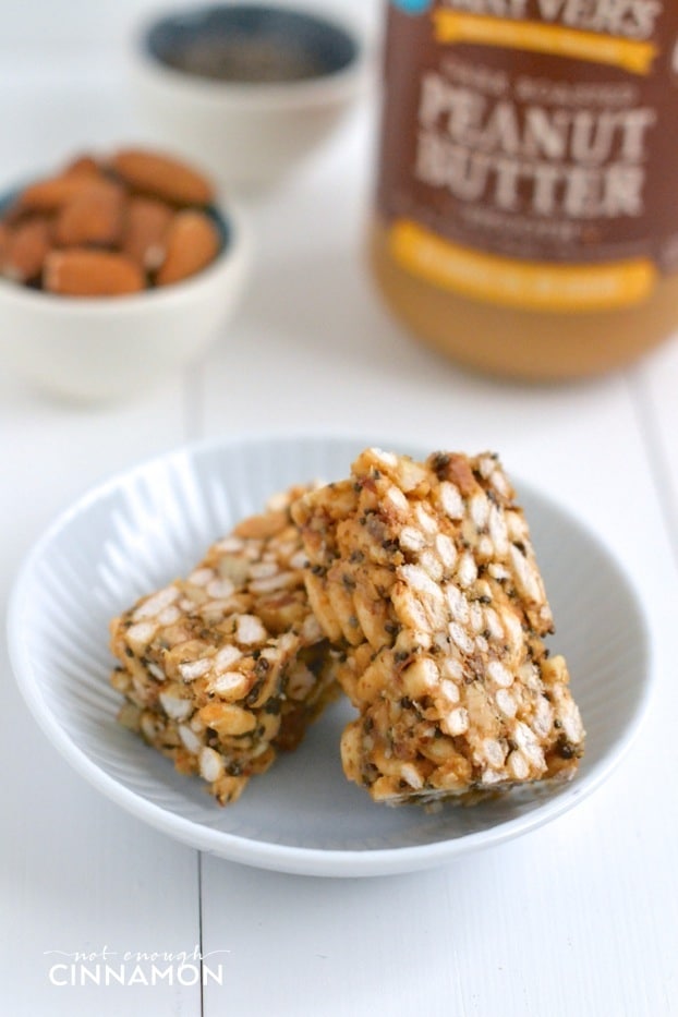 close-up of healthy homemade Peanut Butter Rice Crispy Treats on a small white saucer 