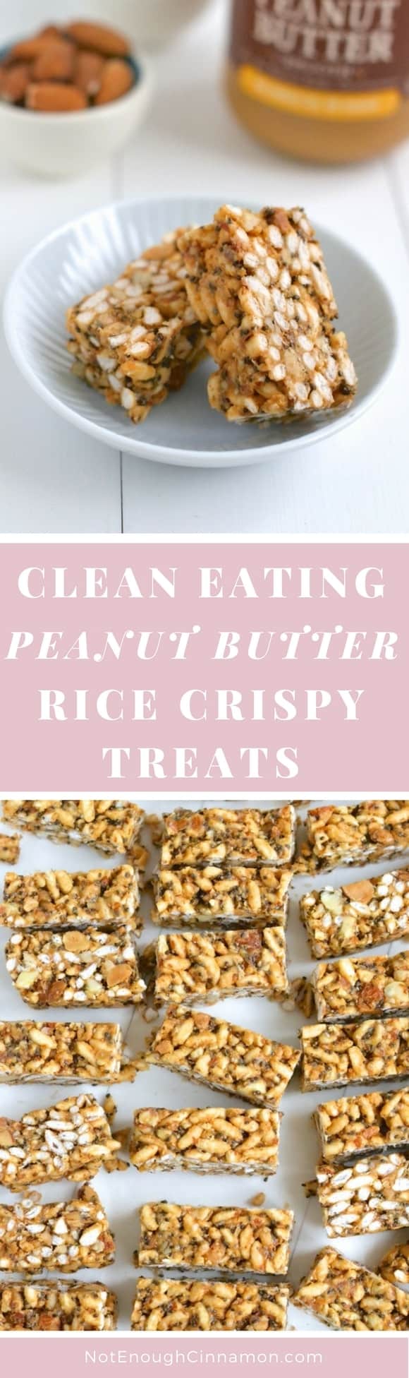 Clean Eating Peanut Butter Rice Crispy Treats - a delicious snack that's much better for you than its Krispie Treat cousin. Refined sugar free, gluten free. Find the recipe on NotEnoughCinnamon.com