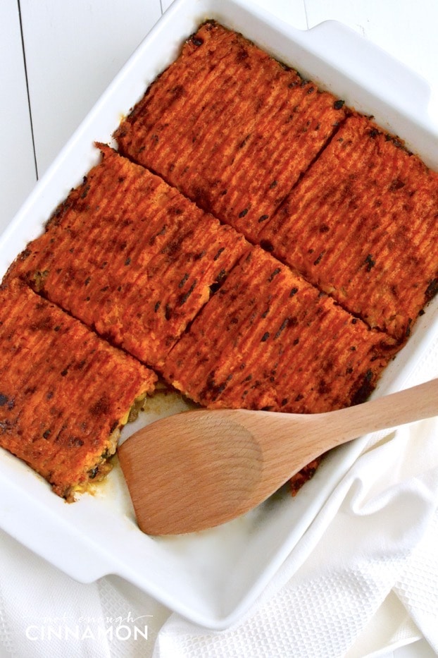 overhead shot of a white casserole dish with clean eating sweet potato shepherd's pie with ground turkey