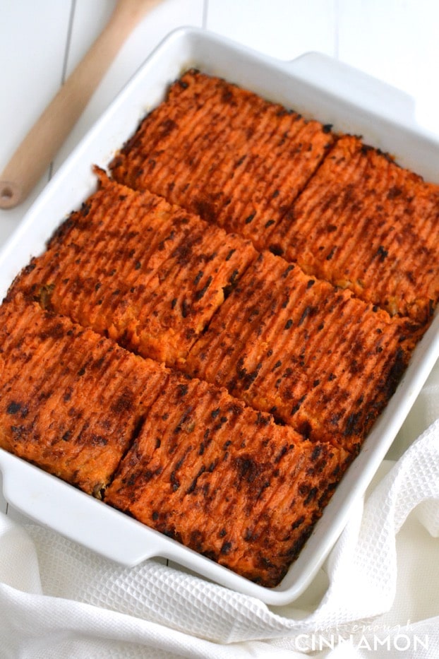 overhead view of sweet potato shepherd's pie with ground turkey served in a white casserole dish