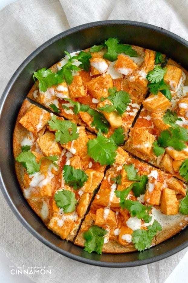 overhead shot of Skinny Buffalo Chicken Pizza on gluten-free Quinoa Crust in a springform pan