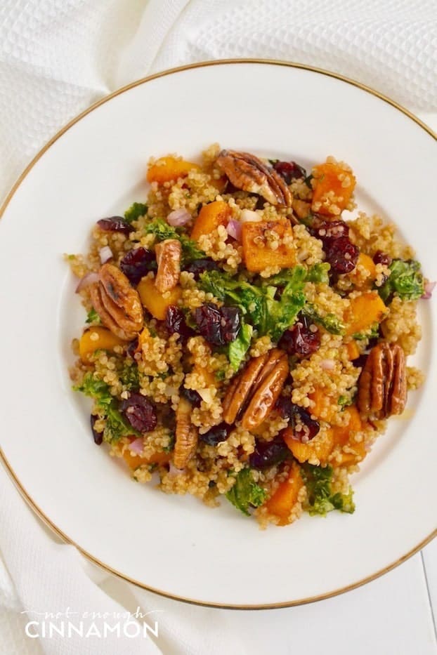 Warm Quinoa Salad with Butternut Squash, Kale and Maple Candied Pecans