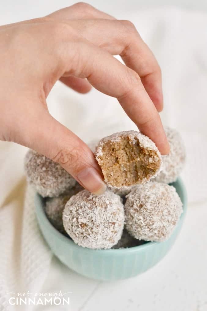 Paleo Banana Bread Energy Balls in a mint coloured bowl