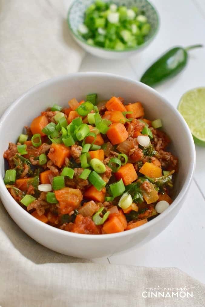 A paleo no bean chili made with sweet potatoes, beef and kale. Comforting, filling and healthy! #glutenfree #cleaneating #stew 