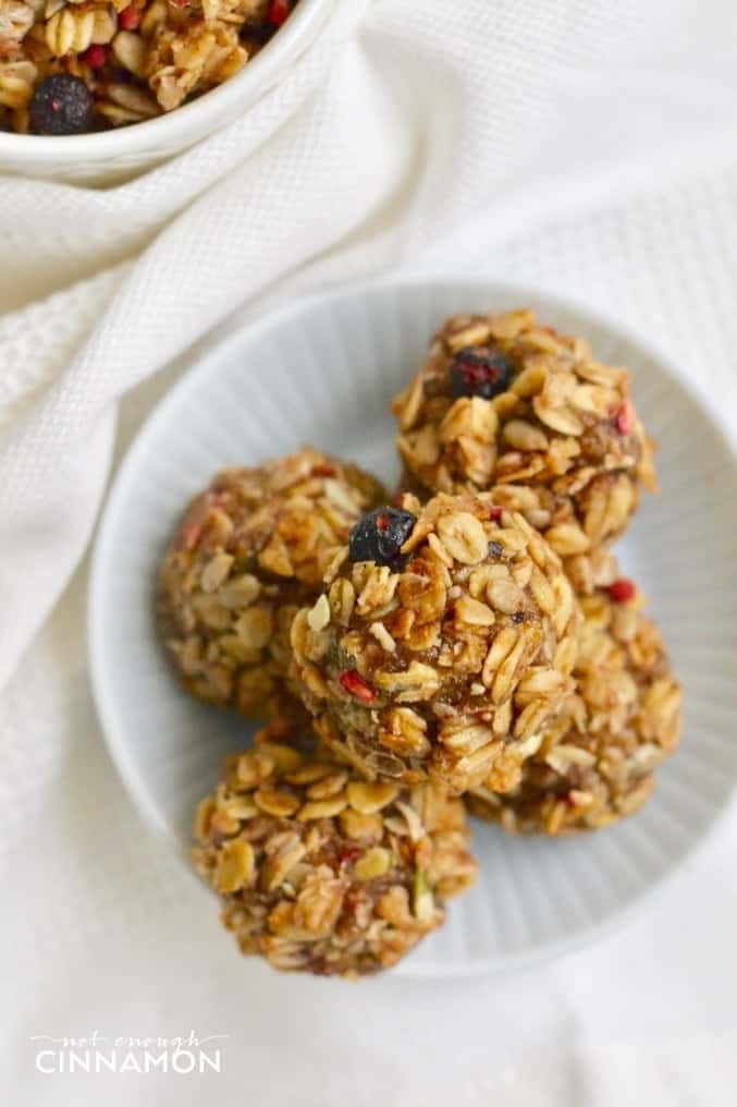 close-up of Healthy Vegan Granola Bites on a white plate