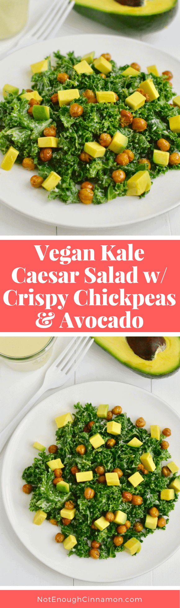 A nutritious Caesar kale salad made with avocado and crispy chickpeas (as croutons!) that tastes delicious! Dairy free and vegan! Find the recipe on NotEnoughCinnamon.com