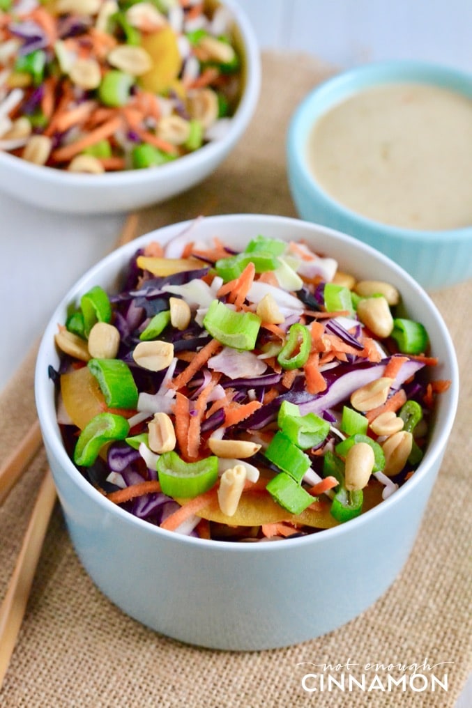 close-up of a bowl of Asian Slaw with a dish of Asian Ginger Peanut Dressing in the back