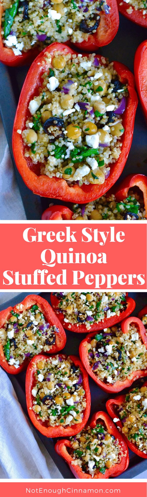 Greek Style Quinoa Stuffed Peppers - A delicious and healthy vegetarian meal. Find the recipe on NotEnoughCinnamon.com