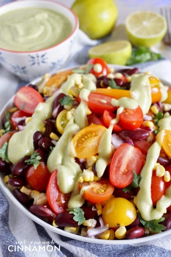 The perfect vegan and vegetarian salad to feed a crowd this summer! Perfect for meatless monday too! Click to see the recipe on NotEnoughCinnamon.com