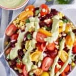 Fresh Corn, Black Bean and Tomato Salad drizzled with Avocado Lime Dressing