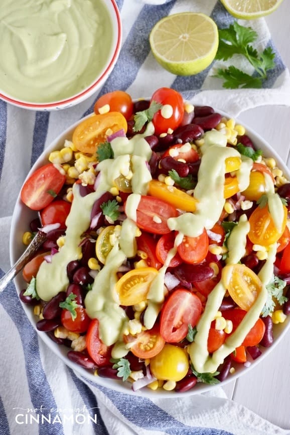 Fresh Corn, Black Bean and Tomato Salad drizzled with Avocado Lime Dressing