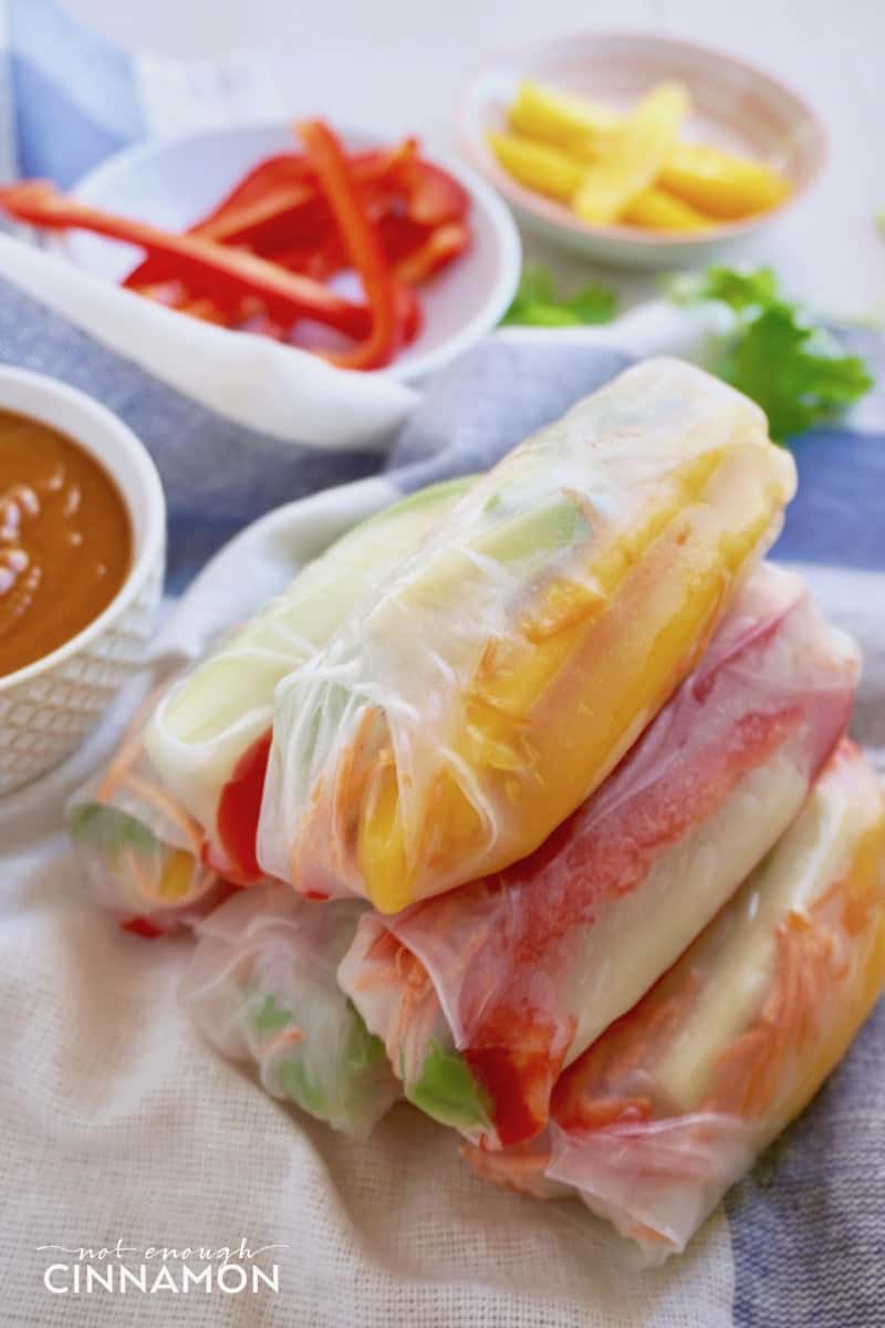Vegan Mango and Avocado Summer Rolls with Peanut Sauce - Find this healthy recipe on NotEnoughCinnamon.com #cleaneating