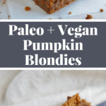 Vegan and Paleo Pumpkin Spice Blondies that are to die for! So easy to make - only one bowl. Recipe on NotEnoughCinnamon.com #cleaneating #glutenfree #dairyfree #refinedsugarfree #grainfree