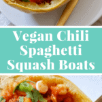 Spaghetti squash stuffed with vegan chili - so tasty and filling! #glutenfree #meatlessmonday #dairyfree