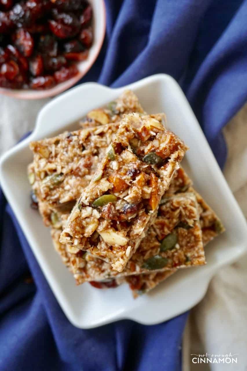 No Bake Cranberry Pumpkin Spice Healthy Snack Bars on a white plate