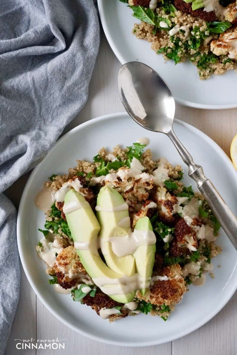Overhead shot of Oven-Roasted Cauliflower and Quinoa Detox Bowl with Tahini Dressing