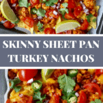 Easy sheet pan nachos made with turkey and baked tortillas for less calories. Perfect for game day! Naturally gluten free. Recipe on NotEnoughCinnamon.com