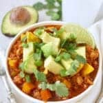 Turkey Sweet Potato Chili with Quinoa served in a white bowl